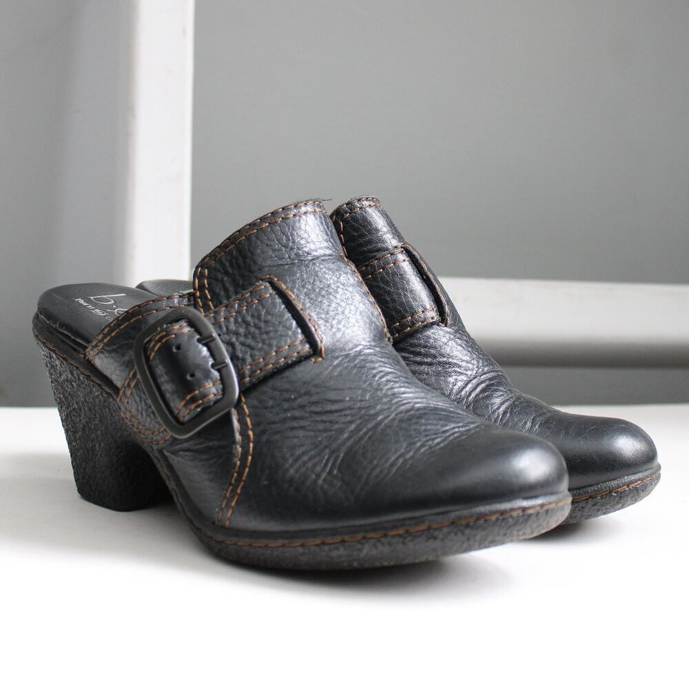 B.O.C. Born Concept Black Pebble Leather Slip-On Mule Block Chunky Heels Size 8